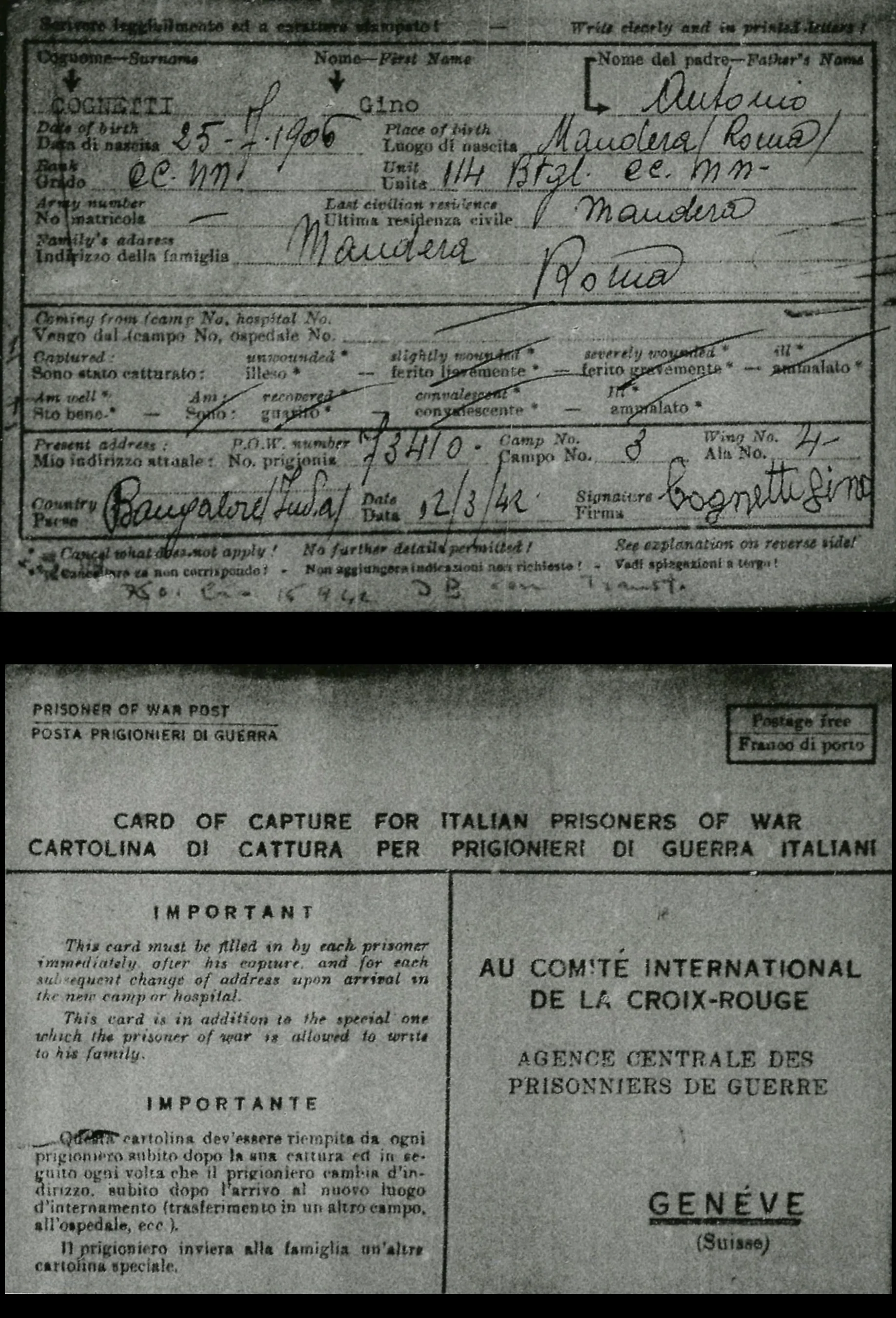 Scheda individuale di prigioniero di guerra con firma di Gino Cognetti