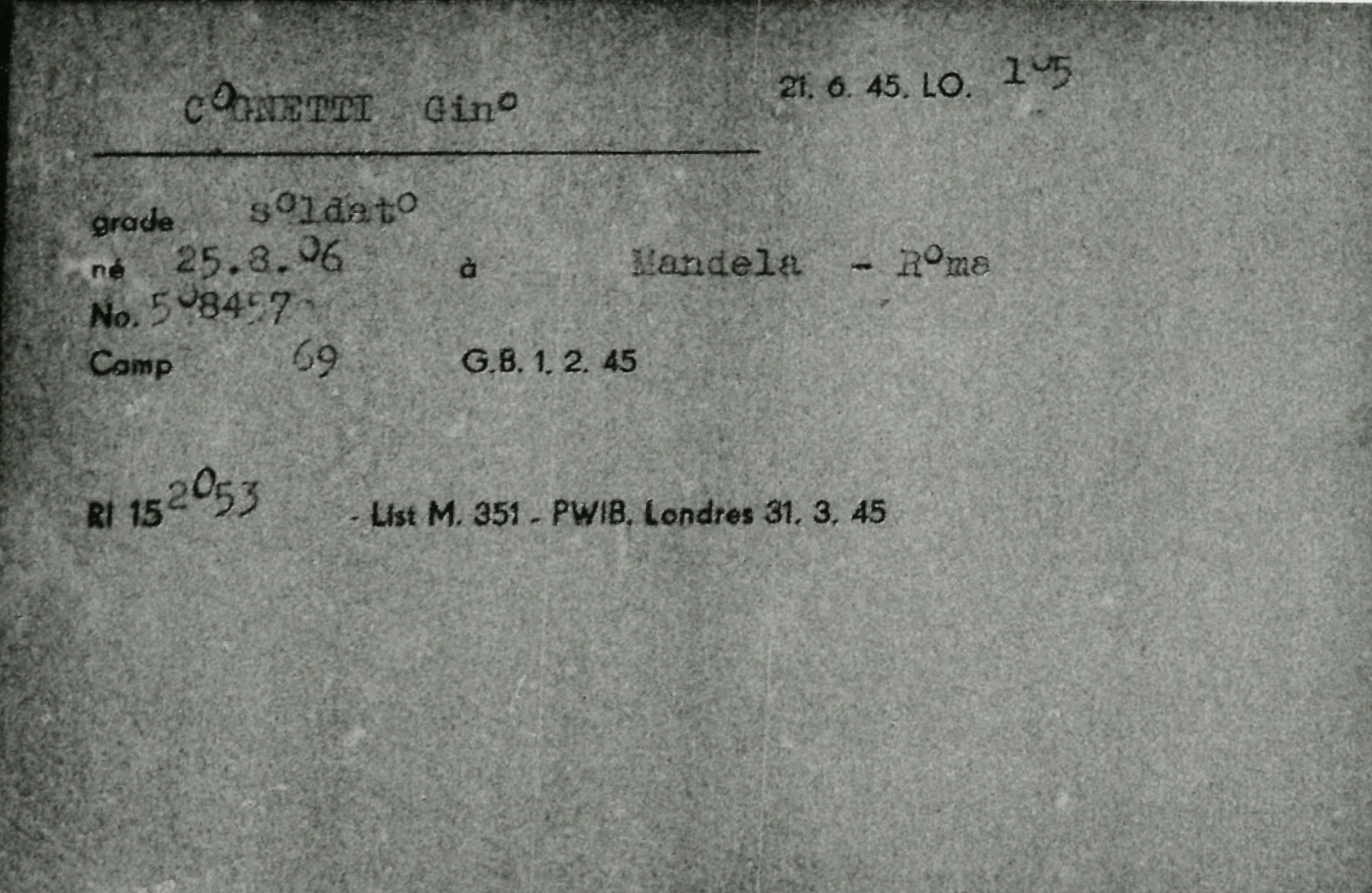Scheda di indicizzazione ICRC sul Nominal Roll del campo 69