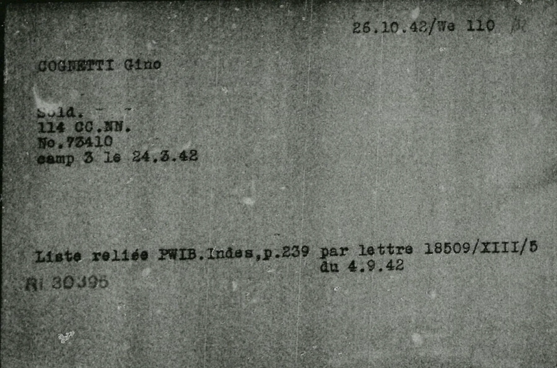 Scheda di indicizzazione ICRC sul Prisoners of War Information Bureau