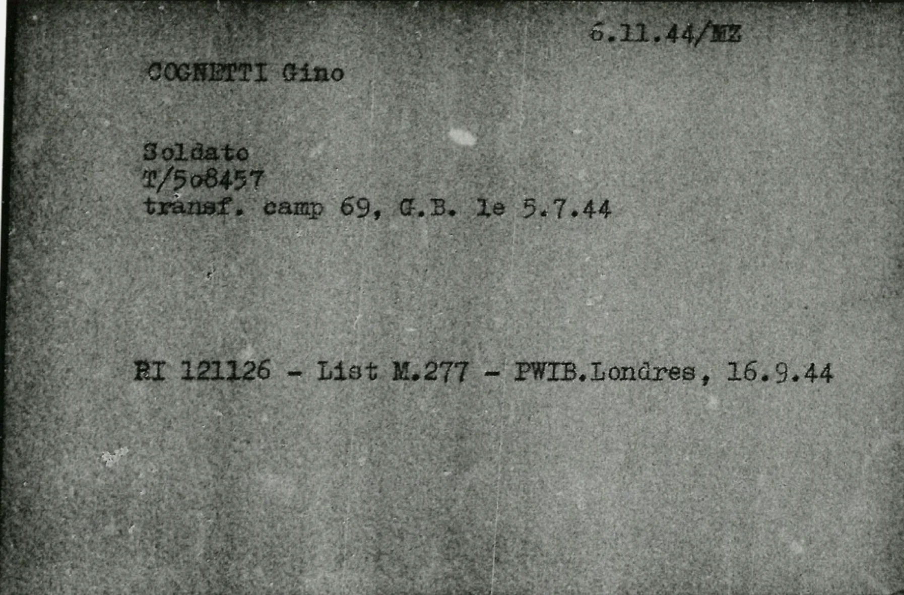 Scheda di indicizzazione ICRC sul trasferimento al campo 69