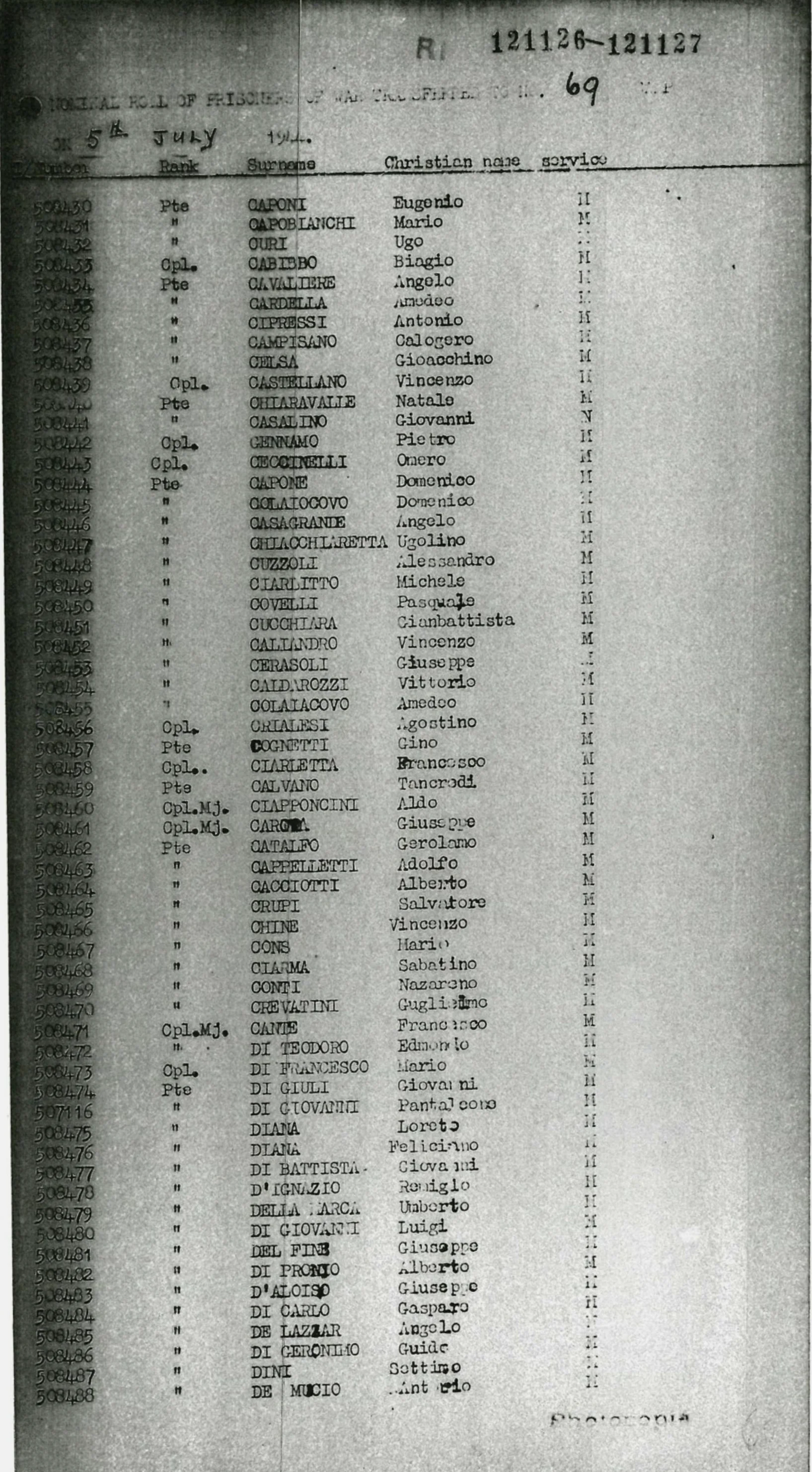 Nominal Roll dei prigionieri trasferiti al campo 69