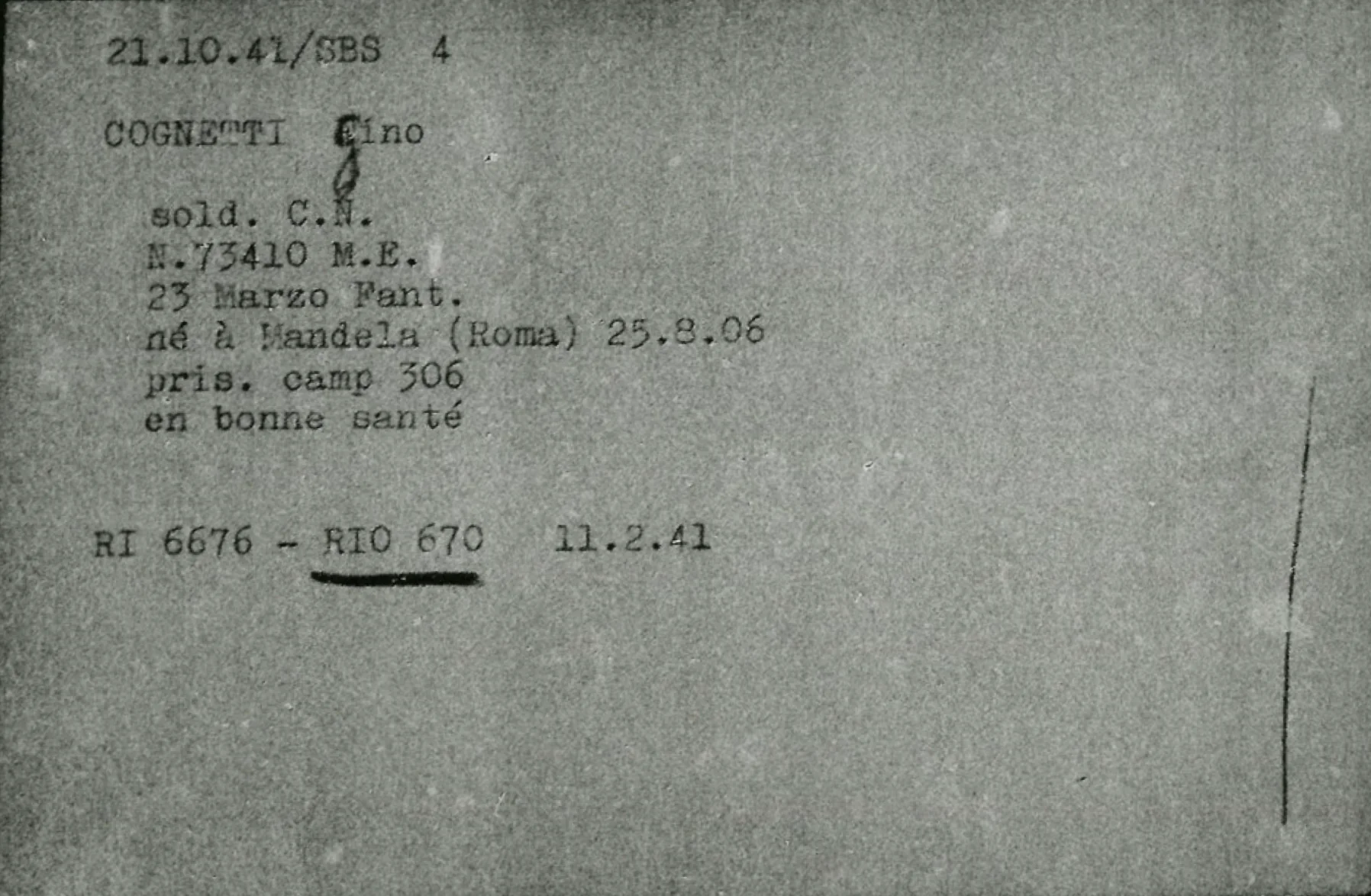 Scheda di indicizzazione ICRC di Gino Cognetti