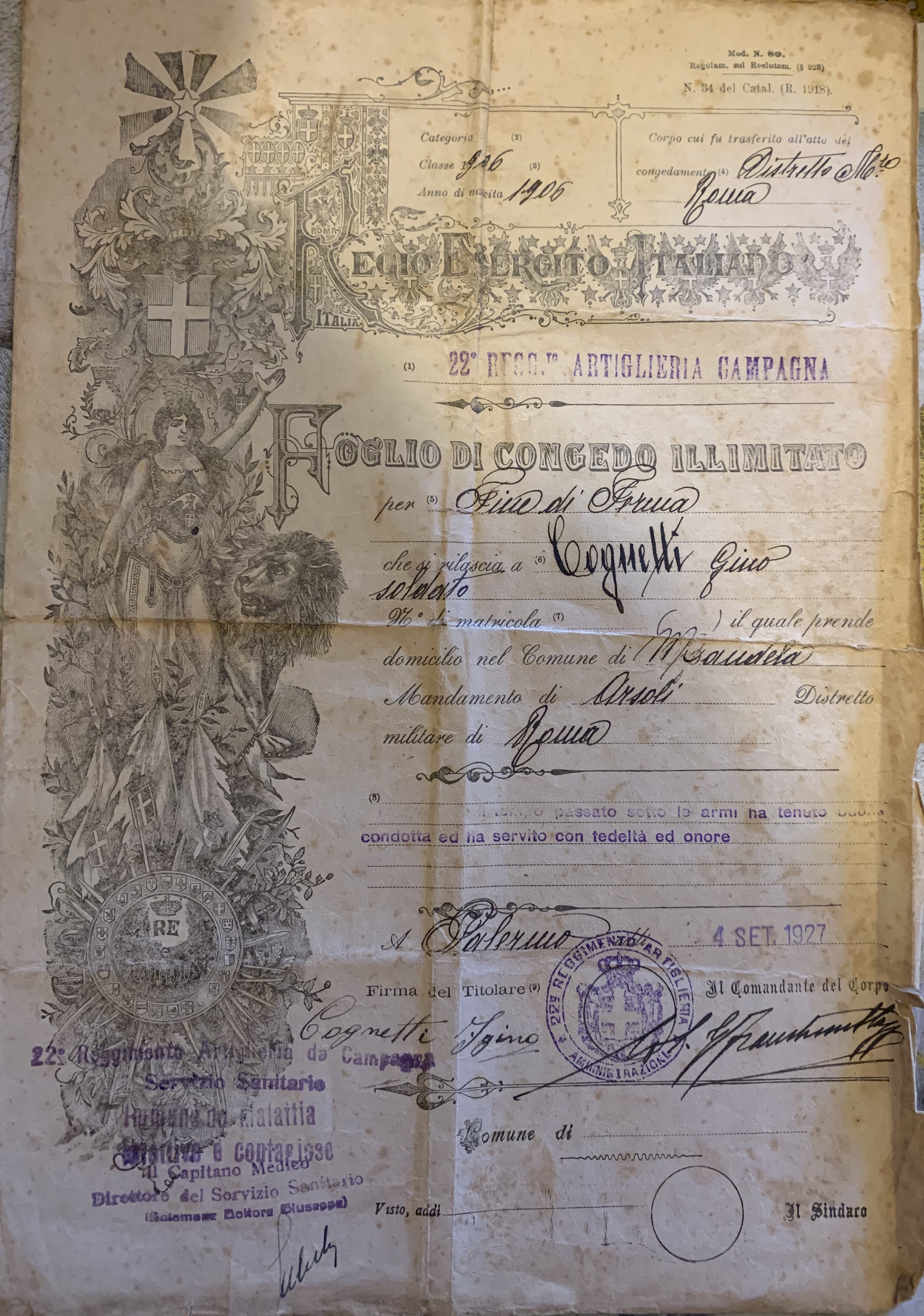 Foglio di congedo illimitato, 1927