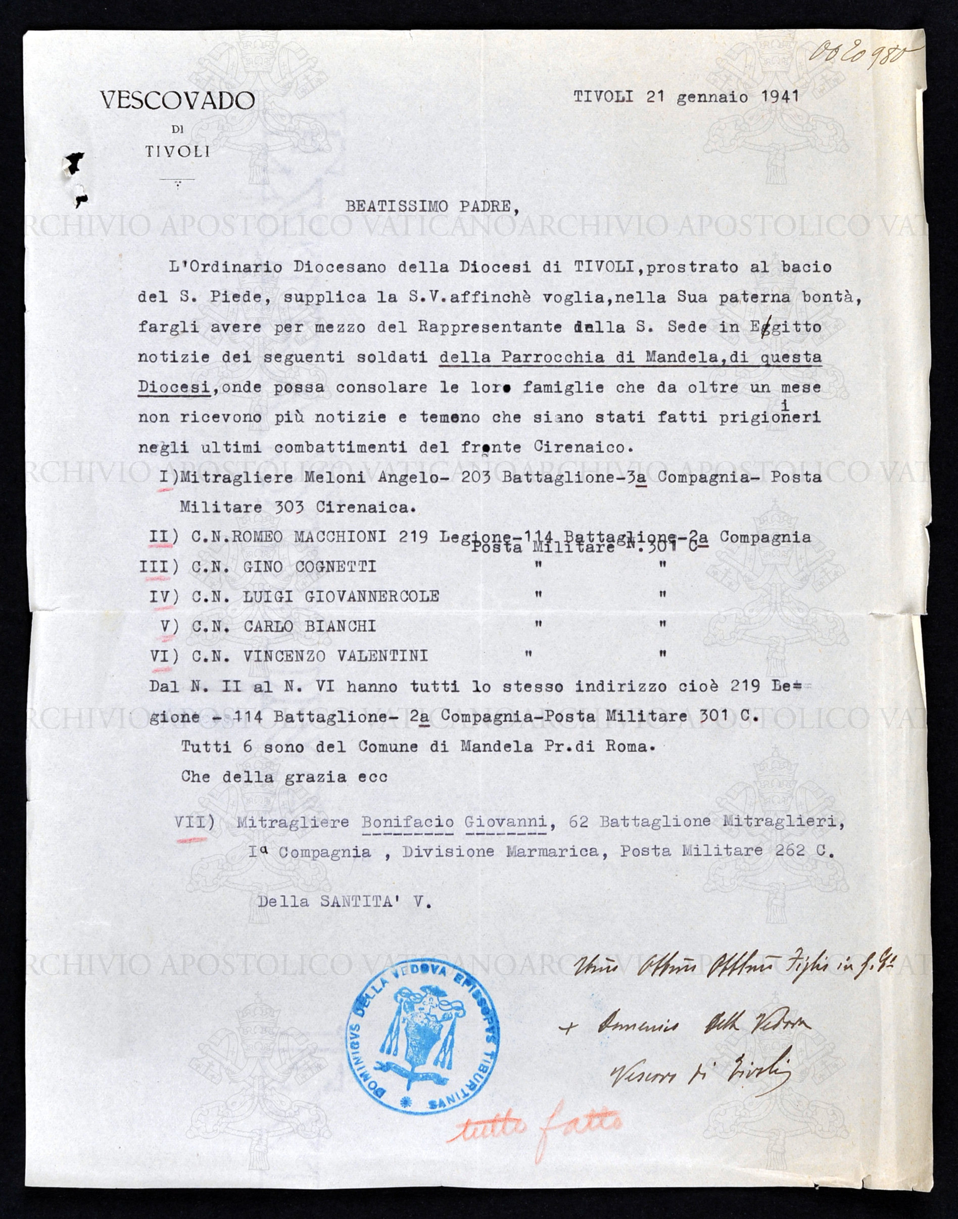 Lettera del Vescovado di Tivoli alla Santa Sede