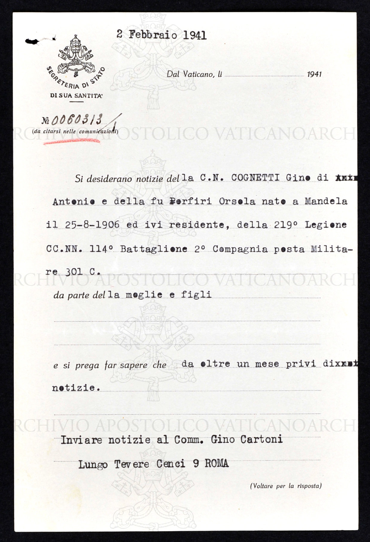 Richiesta di notizie dalla Segreteria di Stato Vaticana
