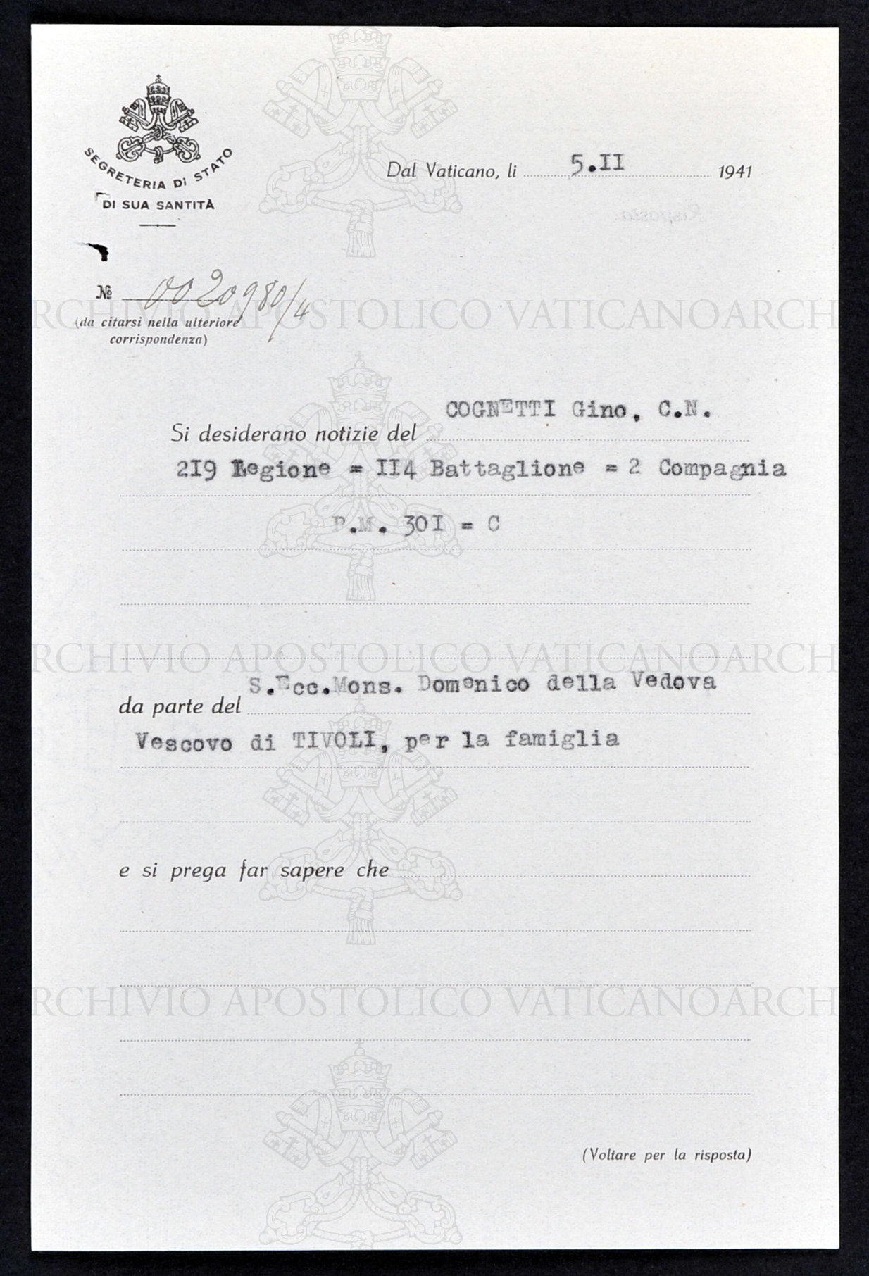 Seconda richiesta di notizie dalla Segreteria di Stato Vaticana