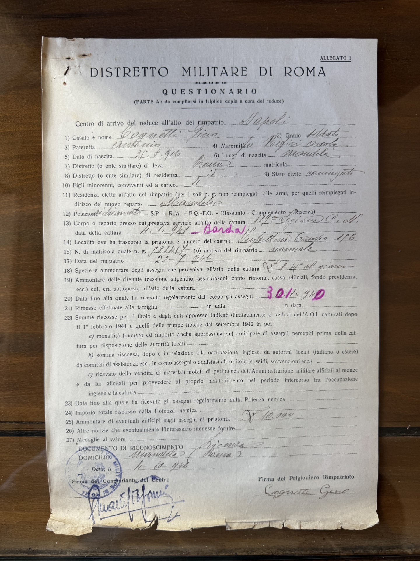 Questionario del Distretto Militare di Roma