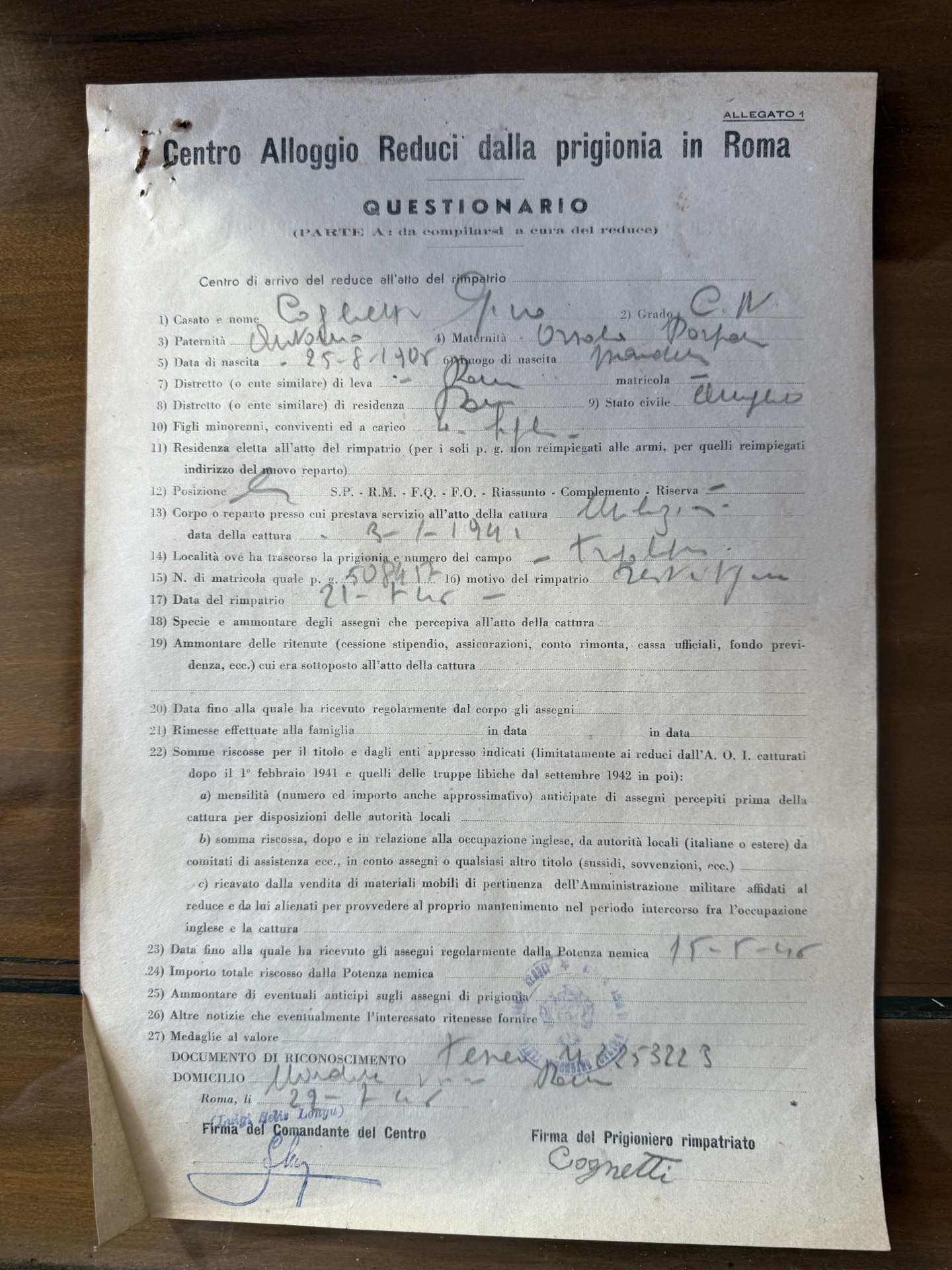 Questionario del Centro Alloggio Reduci di Roma