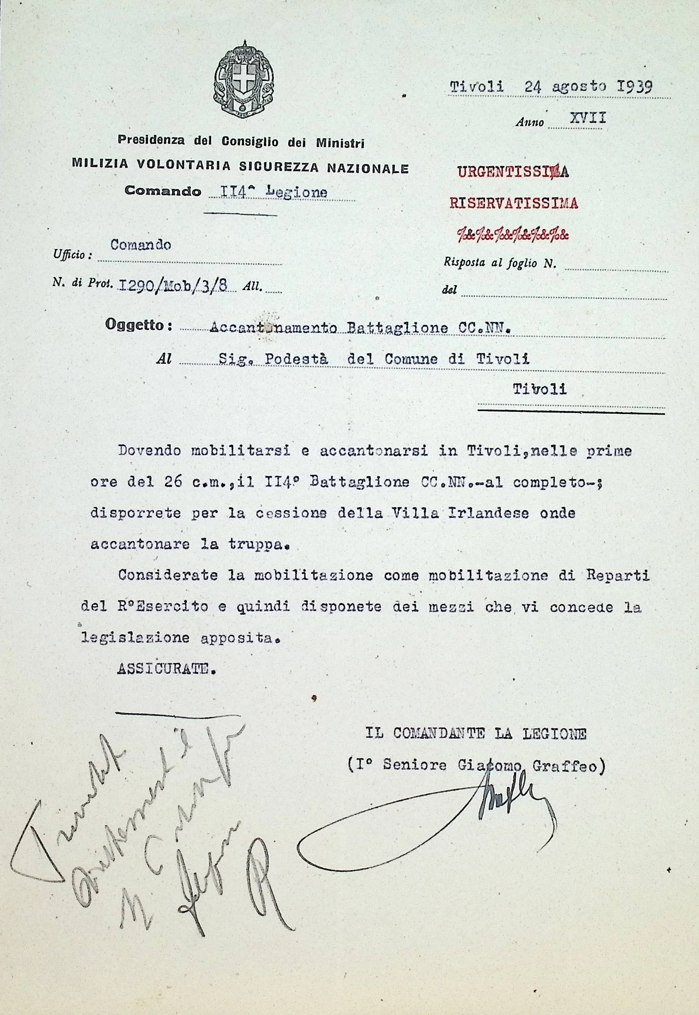 Ordine del Comando Legione MVSN di Tivoli al Podestà, 24 agosto 1939