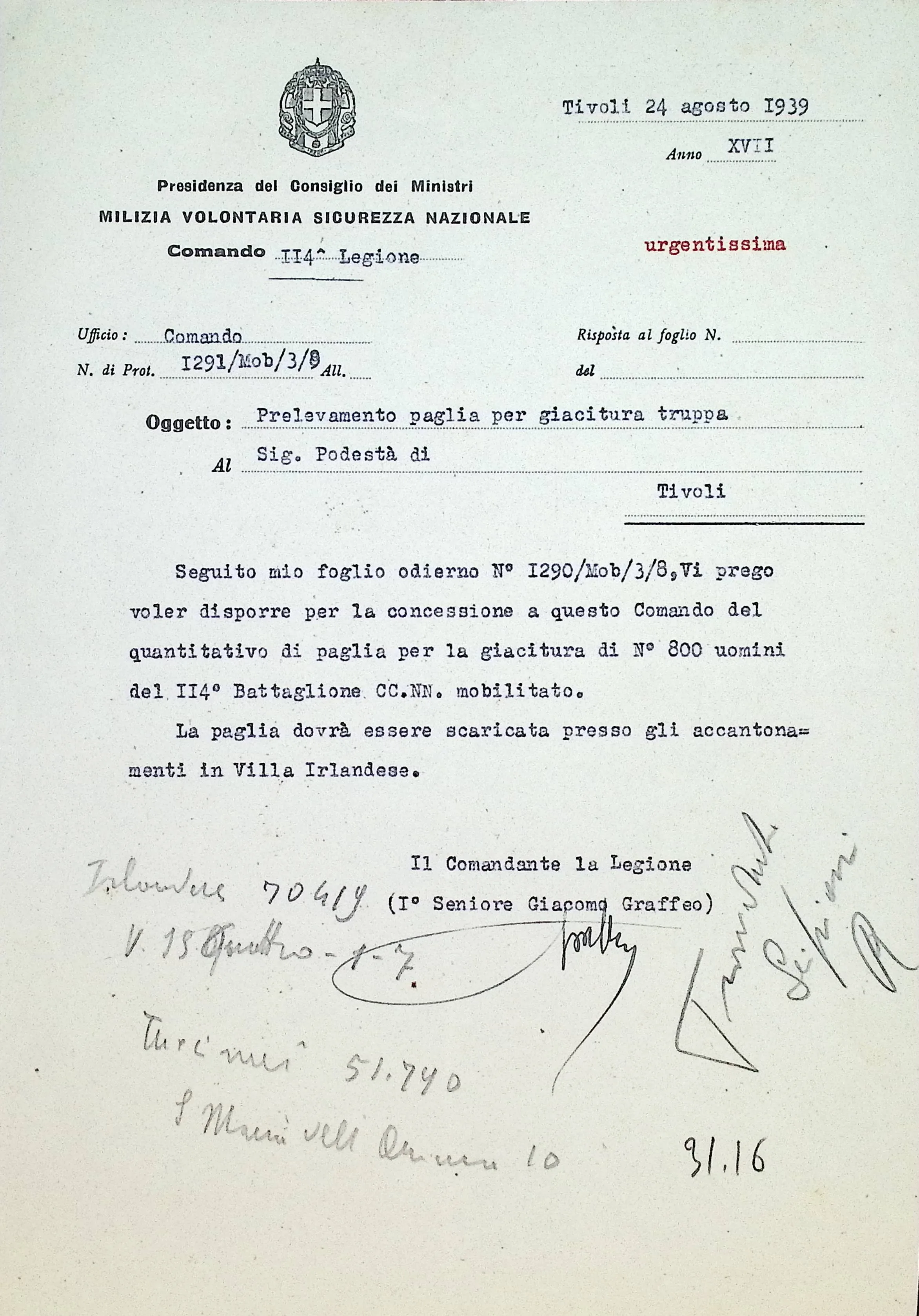 Richiesta di paglia per la giacitura della truppa, 24 agosto 1939