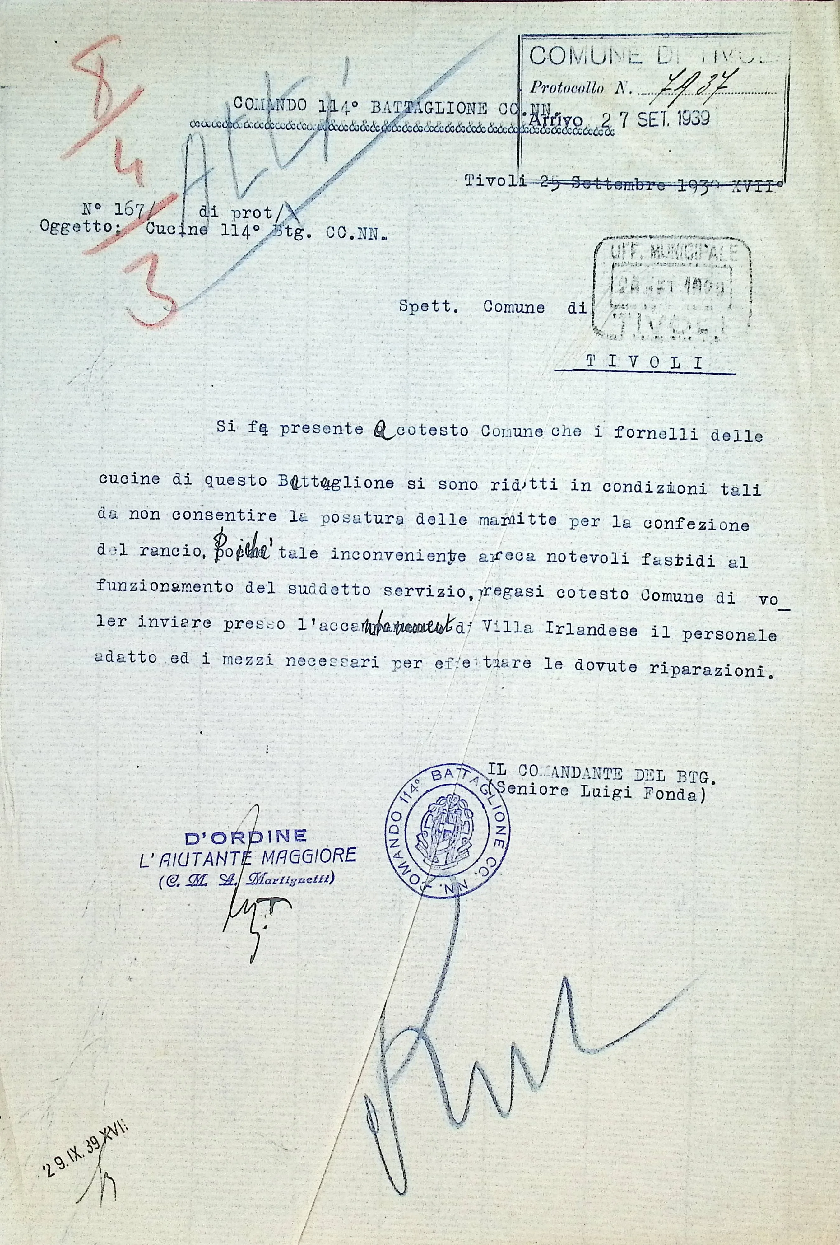 Richiesta di riparazione delle cucine del 114° Battaglione CC.NN., settembre 1939