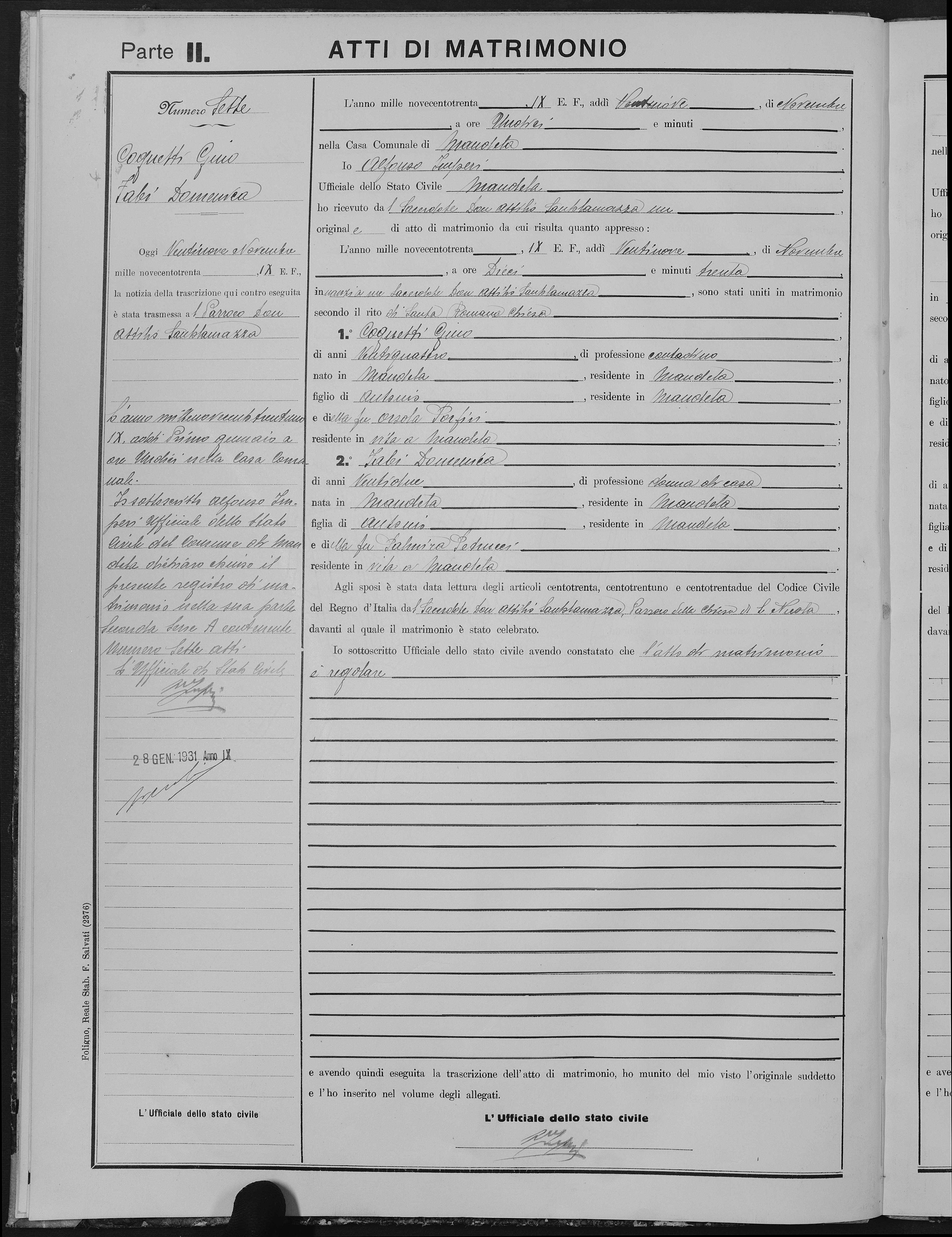 Atto di matrimonio di Gino Cognetti e Domenica Fabi, 29 novembre 1930