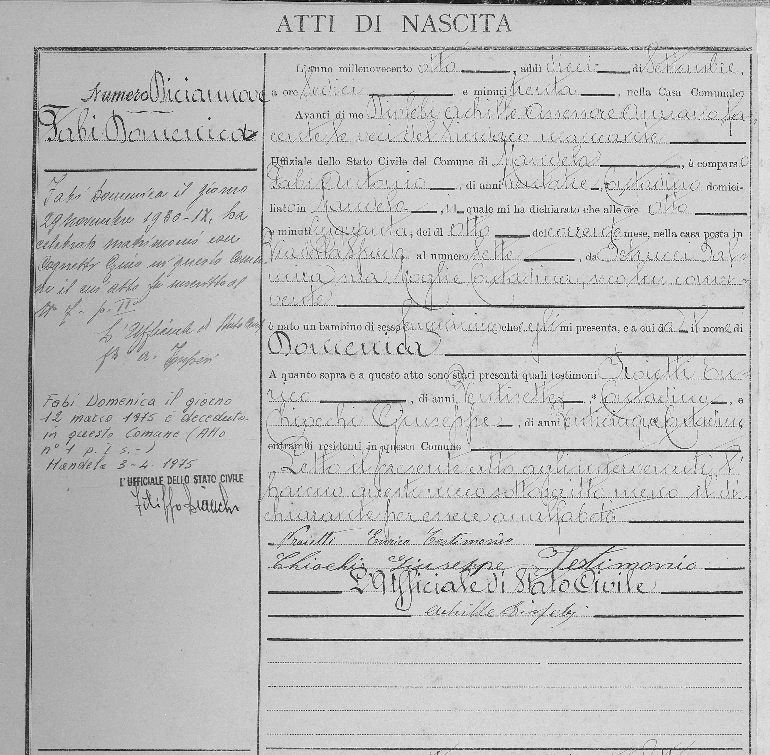 Atto di nascita di Domenica Fabi, 10 settembre 1908