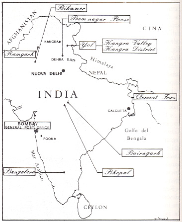 Mappa dei campi di prigionia italiani in India