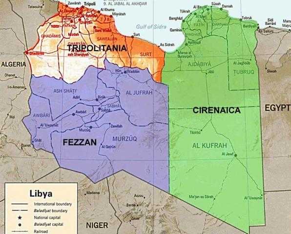 Cartina delle regioni della Libia: Tripolitania, Cirenaica e Fezzan