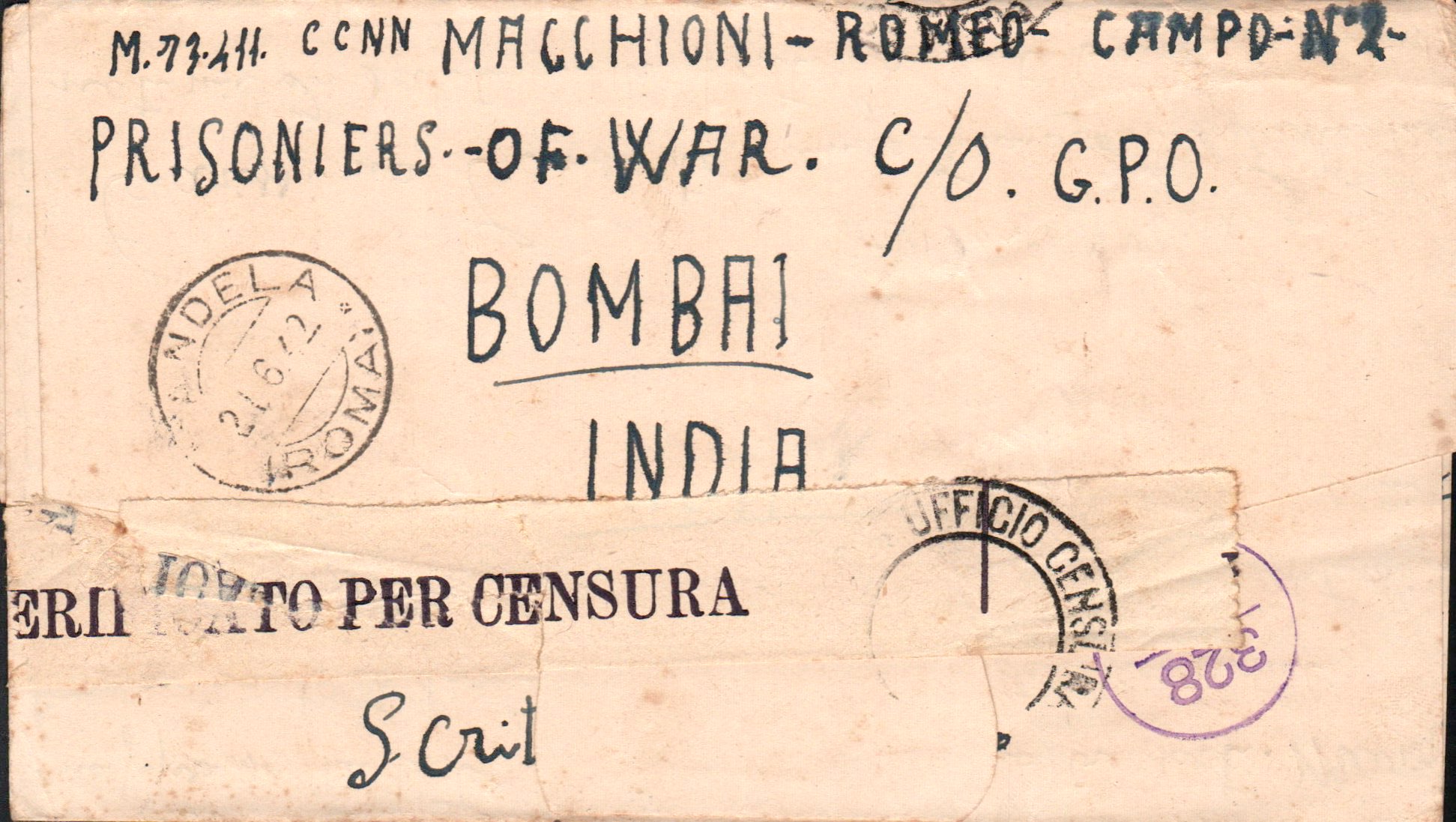 Busta di Romeo Macchioni dal PoW Camp 2 di Bangalore, matricola 73411