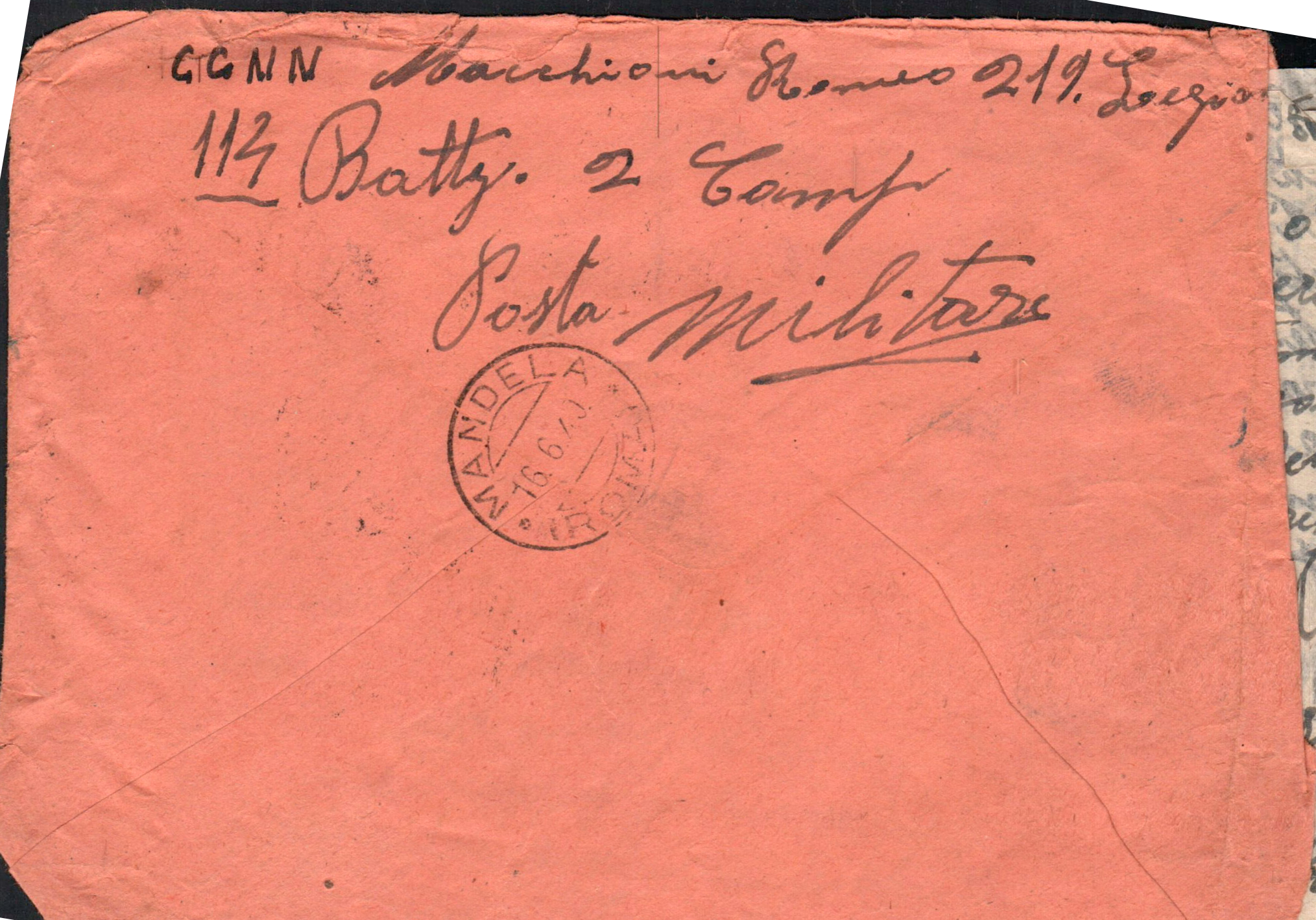 Busta di Romeo Macchioni senza indicazione di Tripolitania, 16 giugno 1940