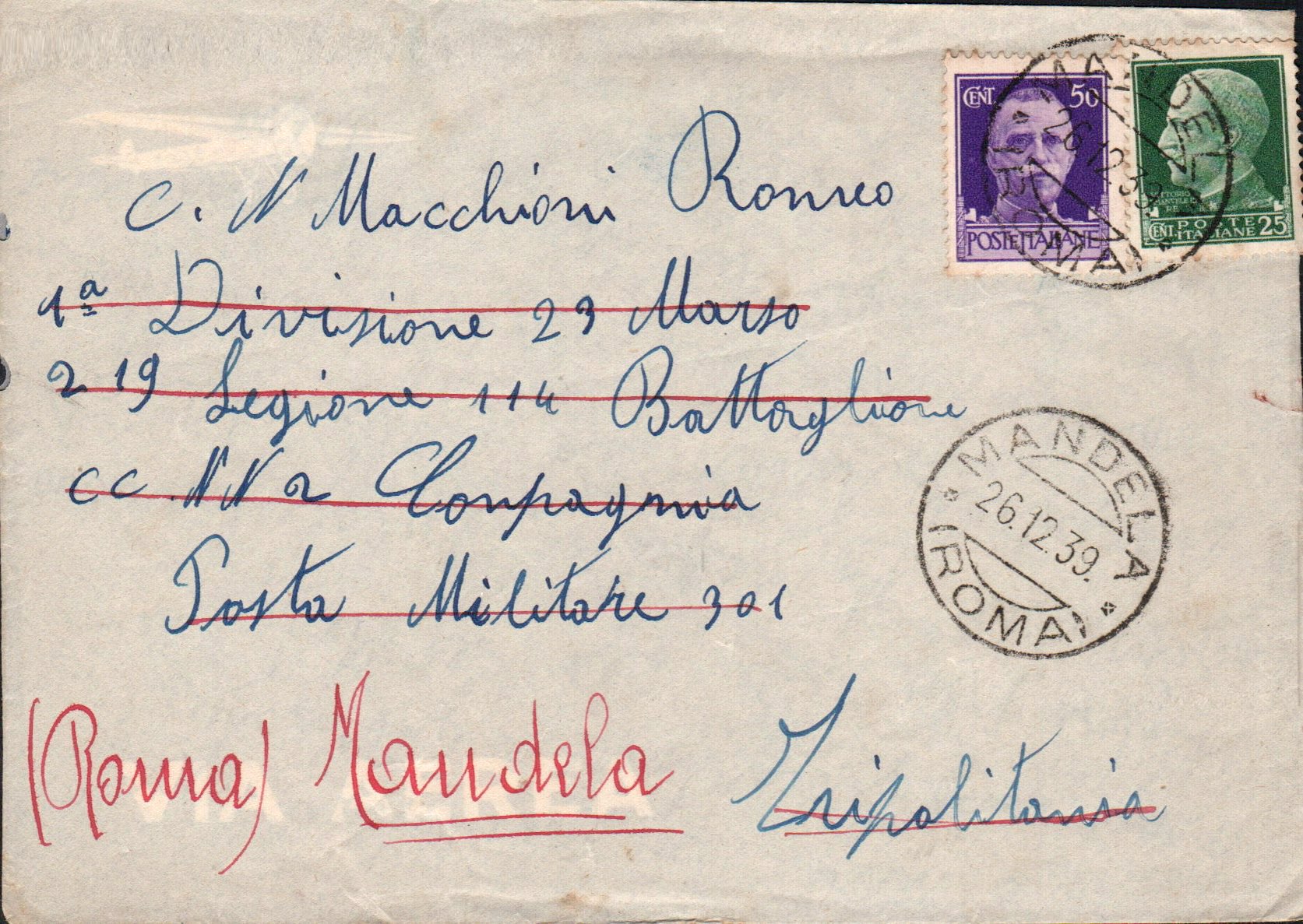 Busta indirizzata a Romeo Macchioni con il riferimento Posta Militare 301, spedita da Mandela il 26 dicembre 1939