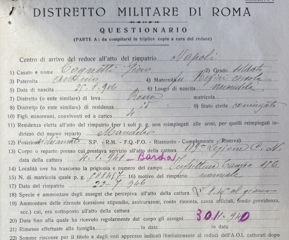 Questionario compilato al rimpatrio