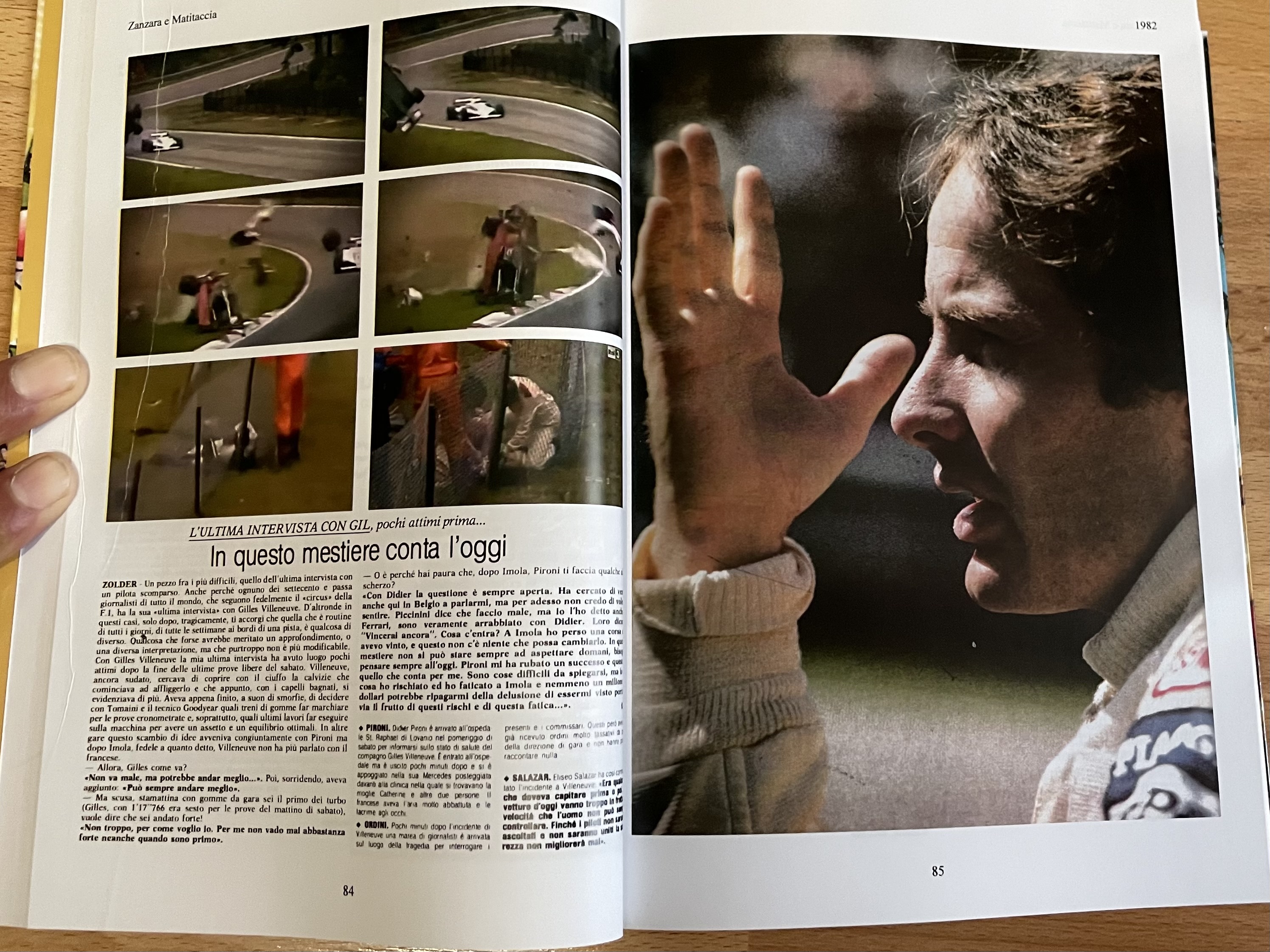 Pagina del libro dedicata al 1982, ultima intervista con Gilles Villeneuve