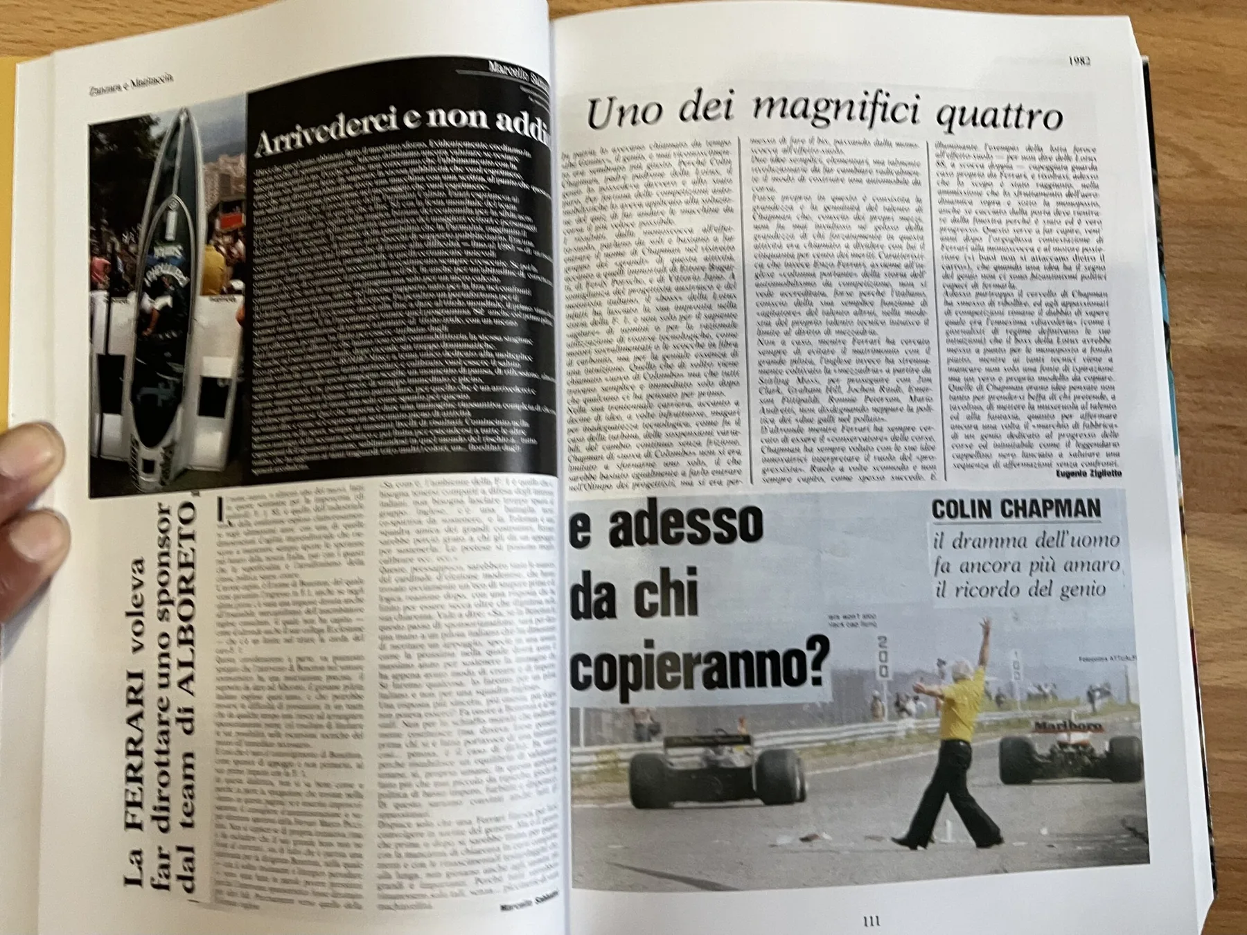 Pagina del libro dedicata al 1982, il ricordo di Colin Chapman: «Uno dei magnifici quattro»