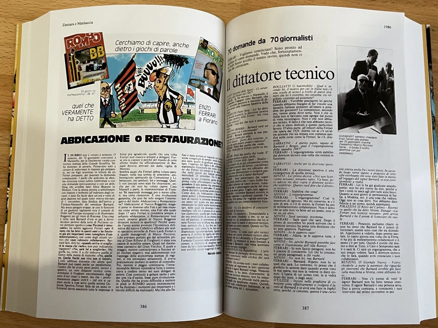 Pagina del libro dedicata al 1986, l'intervista «Il dittatore tecnico» a Enzo Ferrari