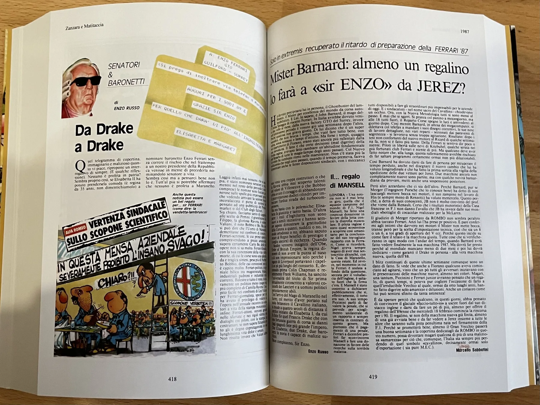 Pagina del libro dedicata al 1987, «Mister Barnard: un regalino a sir Enzo da Jerez?»